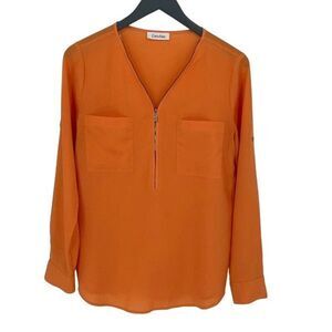 Calvin Klein Women's Pockets Roll Sleeve Button‎ Blouse Orange Size Medium